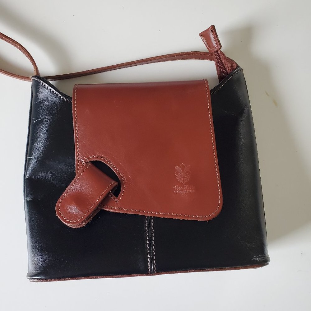 New Vera Pelle Italian Leather Purse Genuine Black Brown Flap Snap Cross…
